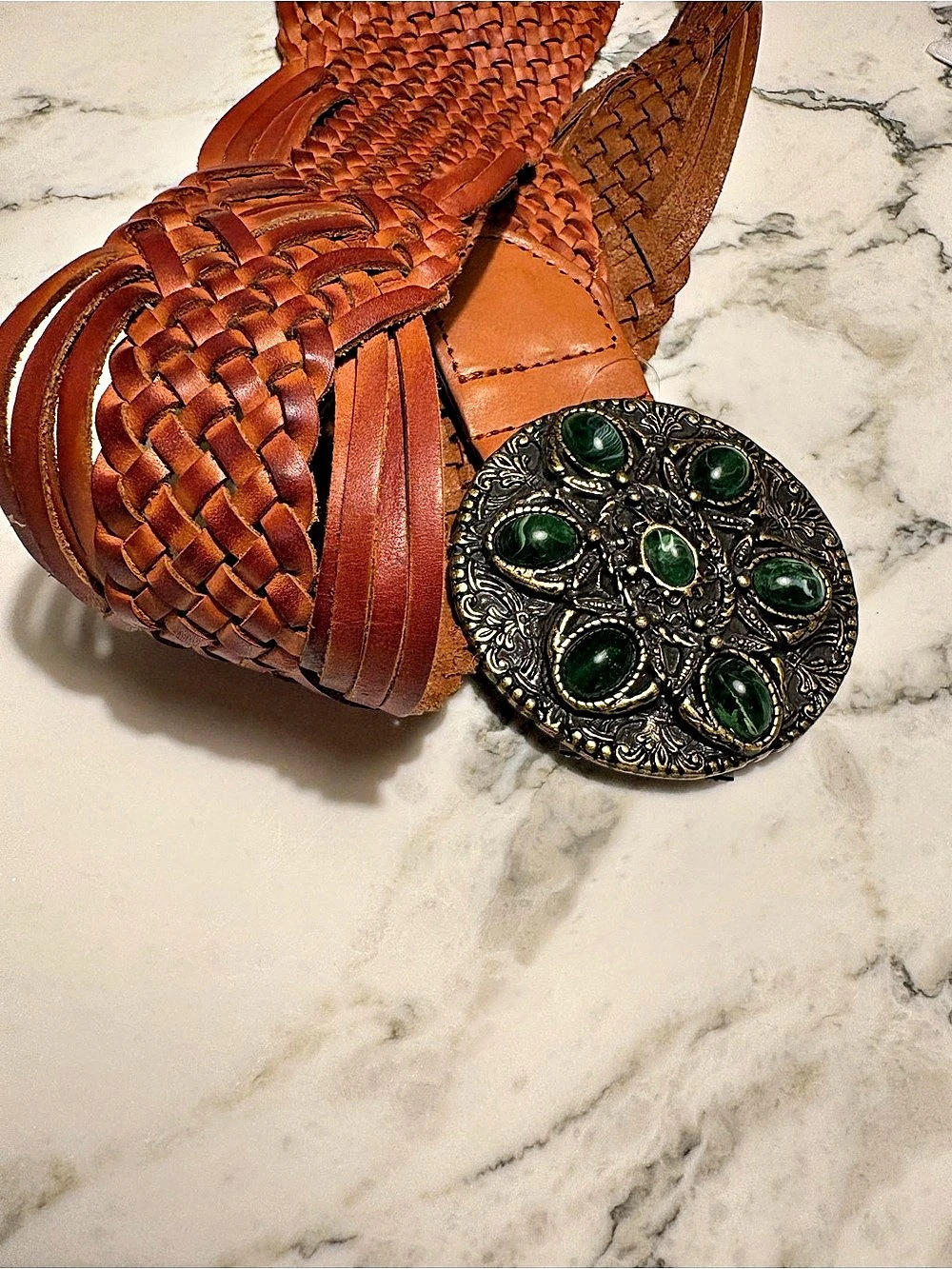 Woven Leather Belt with Jeweled Buckle